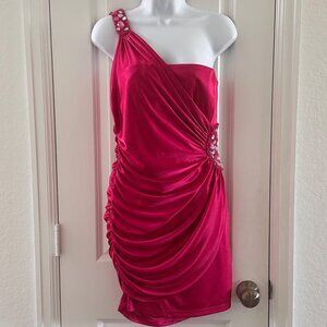 Speechless Womens One-Shoulder Pink Ruched Mini Dress With Rhinestone Embellishm